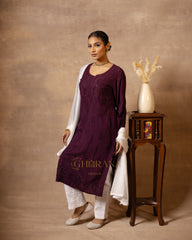 Rayon Maroon Chikankari Embroidered Kurta with Mukaish Work & Straight Pant
