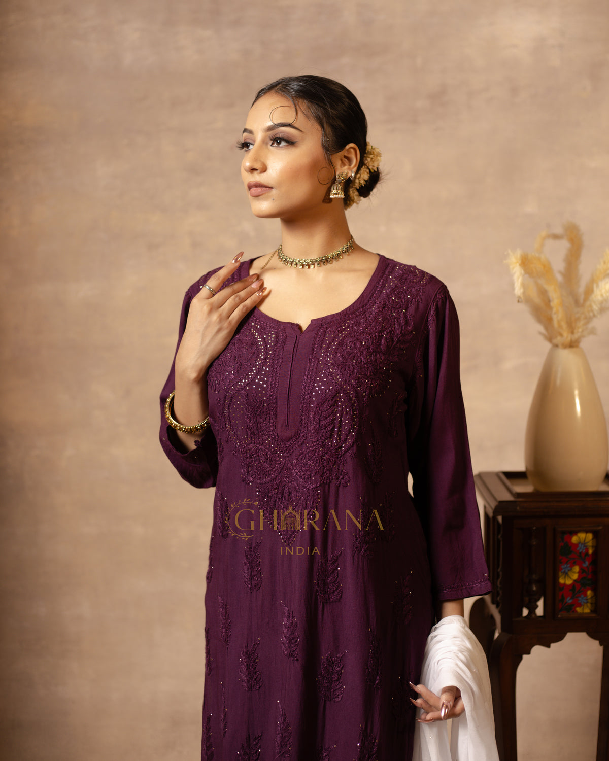 Rayon Maroon Chikankari Embroidered Kurta with Mukaish Work & Straight Pant