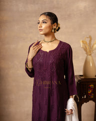 Rayon Maroon Chikankari Embroidered Kurta with Mukaish Work & Straight Pant