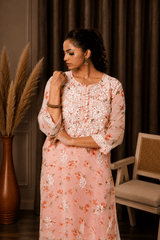 Aadya Chikankari Georgette Floral Printed Kurta – Light Pink