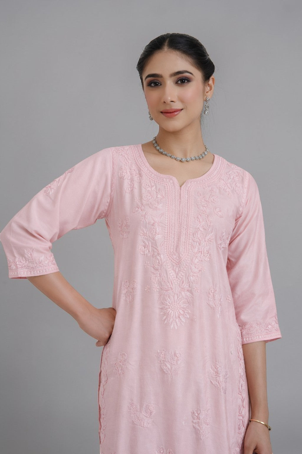Ruhi Chanderi Chikankari Light pink Kurta Set with Embroidered Palazzo Gharana