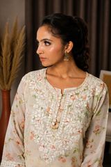 Aadya Chikankari Georgette Floral Printed Kurta  – Off White