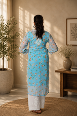 Aadya Chikankari Georgette Floral Printed Kurta – Light Blue