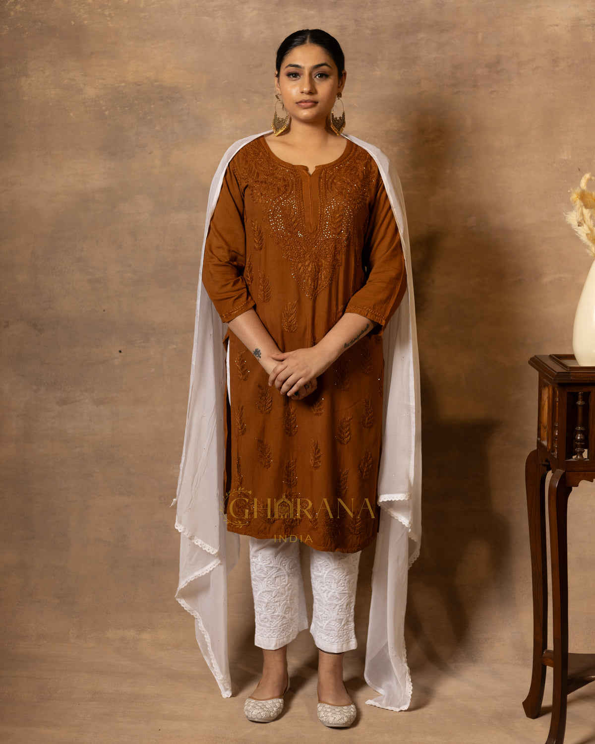 Rayon Rust Brown Chikankari Embroidered Kurta with Mukaish Work & Straight Pant