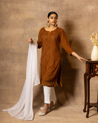 Rayon Rust Brown Chikankari Embroidered Kurta with Mukaish Work & Straight Pant