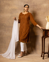 Rayon Rust Brown Chikankari Embroidered Kurta with Mukaish Work & Straight Pant