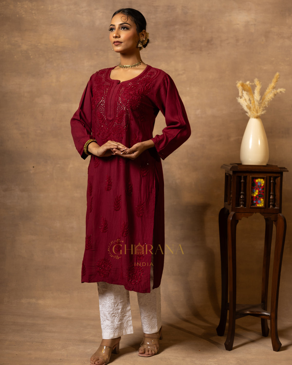 Rayon Red Chikankari Embroidered Kurta with Mukaish Work & Straight Pant