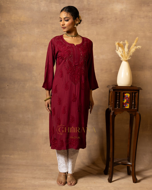 Rayon Red Chikankari Embroidered Kurta with Mukaish Work & Straight Pant