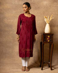 Rayon Red Chikankari Embroidered Kurta with Mukaish Work & Straight Pant