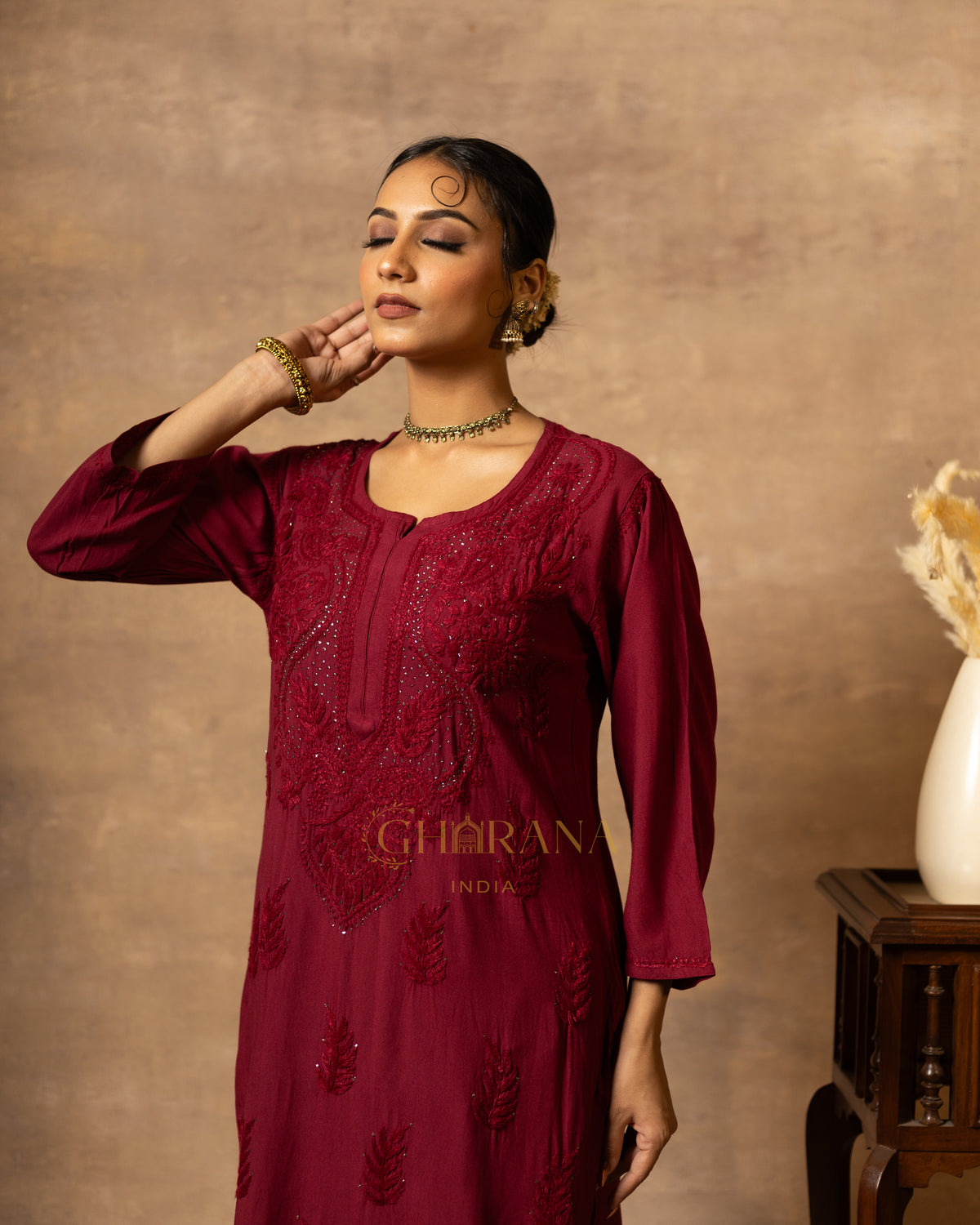 Rayon Red Chikankari Kurta with Mukaish work