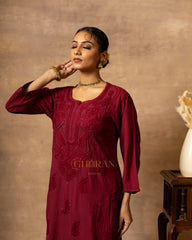 Rayon Red Chikankari Embroidered Kurta with Mukaish Work & Straight Pant