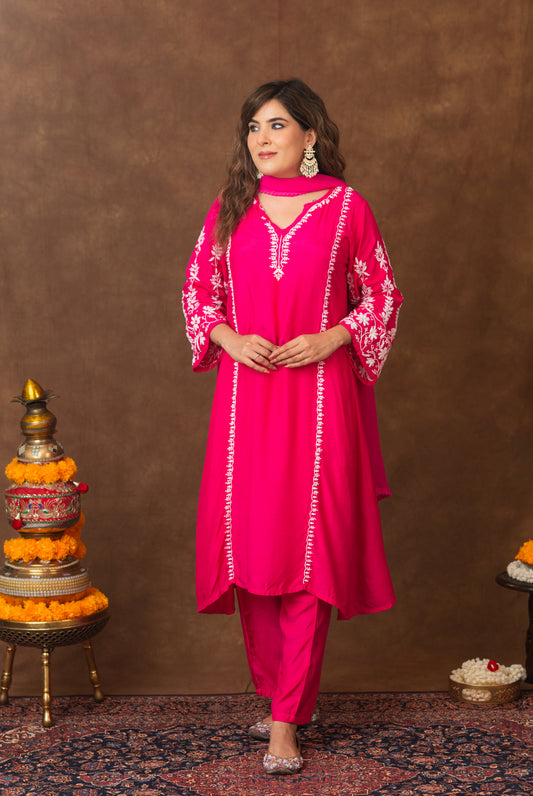 Jashn Premium Muslin Chikankari Fuchisia A Line 3PC Kurta Set with Dupatta