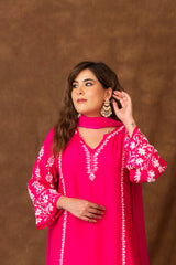 Jashn Premium Muslin Chikankari Fuchisia A Line 3PC Kurta Set with Dupatta