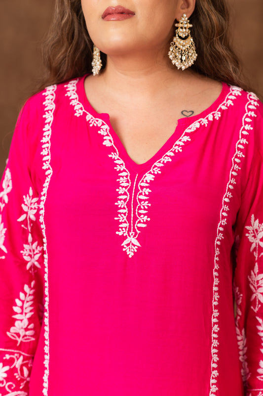 Jashn Premium Muslin Chikankari Fuchisia A Line 3PC Kurta Set with Dupatta