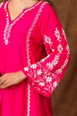 Jashn Premium Muslin Chikankari Fuchisia A Line 3PC Kurta Set with Dupatta