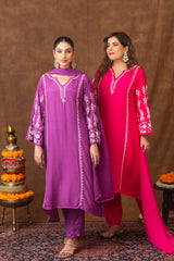 Jashn Premium Muslin Chikankari Fuchisia A Line 3PC Kurta Set with Dupatta
