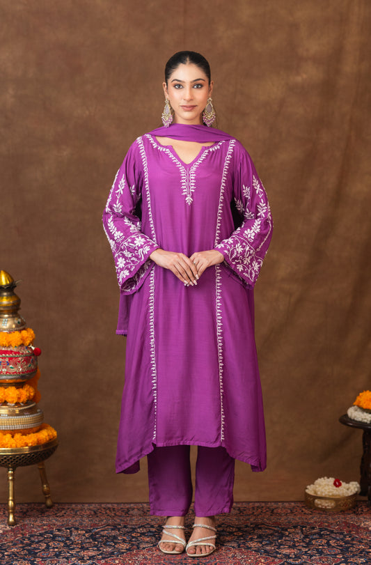 Jashn Premium Muslin Chikankari Purple A Line 3PC Kurta Set with Dupatta