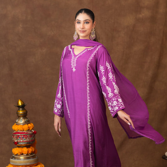 Jashn Premium Muslin Chikankari Purple A Line 3PC Kurta Set with Dupatta Gharana
