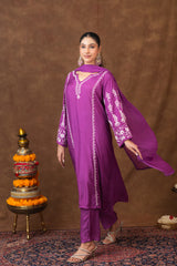 Jashn Premium Muslin Chikankari Purple A Line 3PC Kurta Set with Dupatta