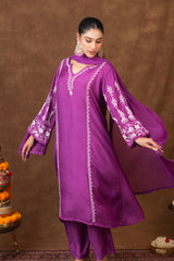Jashn Premium Muslin Chikankari Purple A Line 3PC Kurta Set with Dupatta