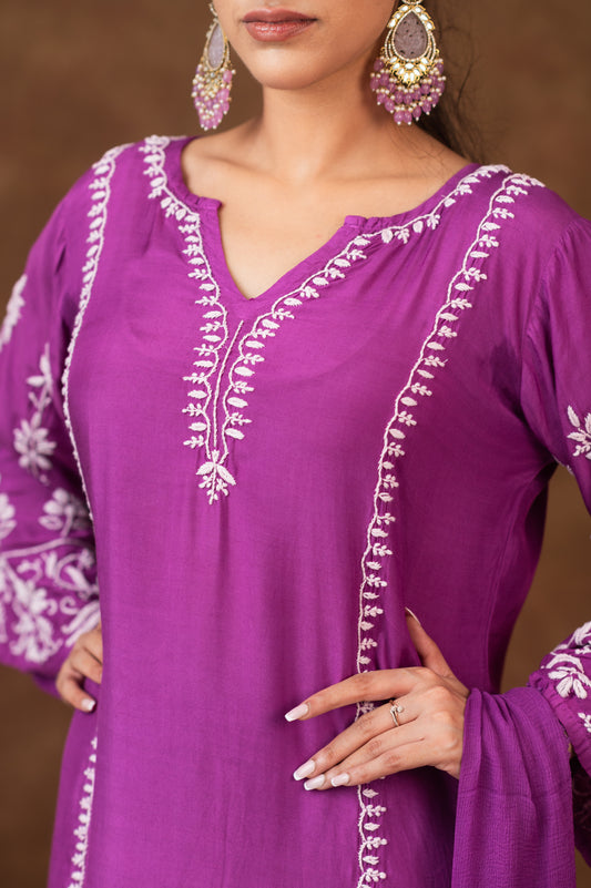 Jashn Premium Muslin Chikankari Purple A Line 3PC Kurta Set with Dupatta