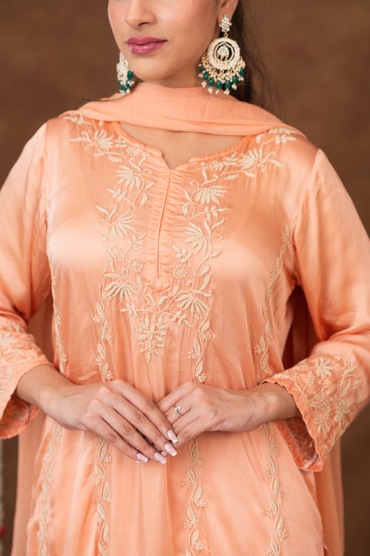 Jashn Chikankari Peach Modal Satin 3 PC Kurta Set with Dupatta