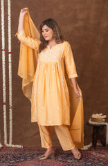 Jashn Chikankari Mustard Nyra Cut 3PC Kurta Set with Dupatta