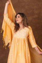 Jashn Chikankari Mustard Nyra Cut 3PC Kurta Set with Dupatta