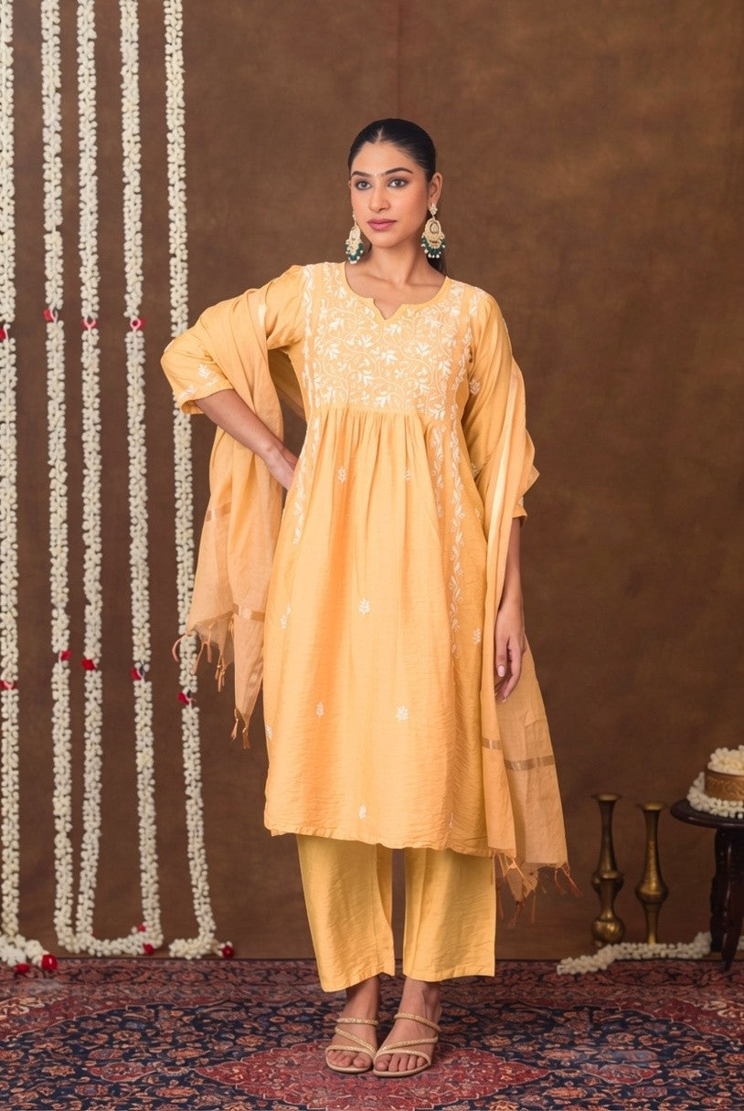 Jashn Chikankari Mustard Nyra Cut 3PC Kurta Set with Dupatta Gharana