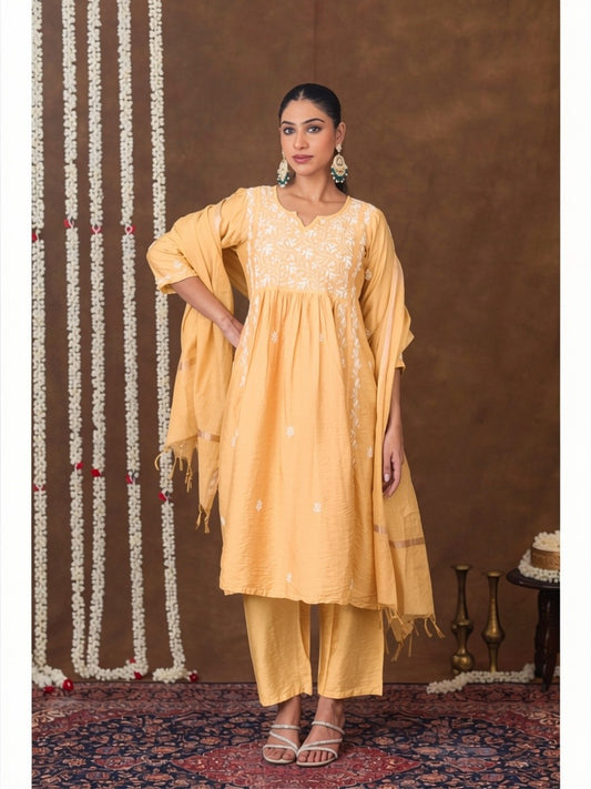 Jashn Chikankari Mustard Nyra Cut 3PC Kurta Set with Dupatta Gharana