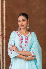 Jashn Chikankari Powder Blue 3PC Chanderi Silk kurta Set with Dupatta
