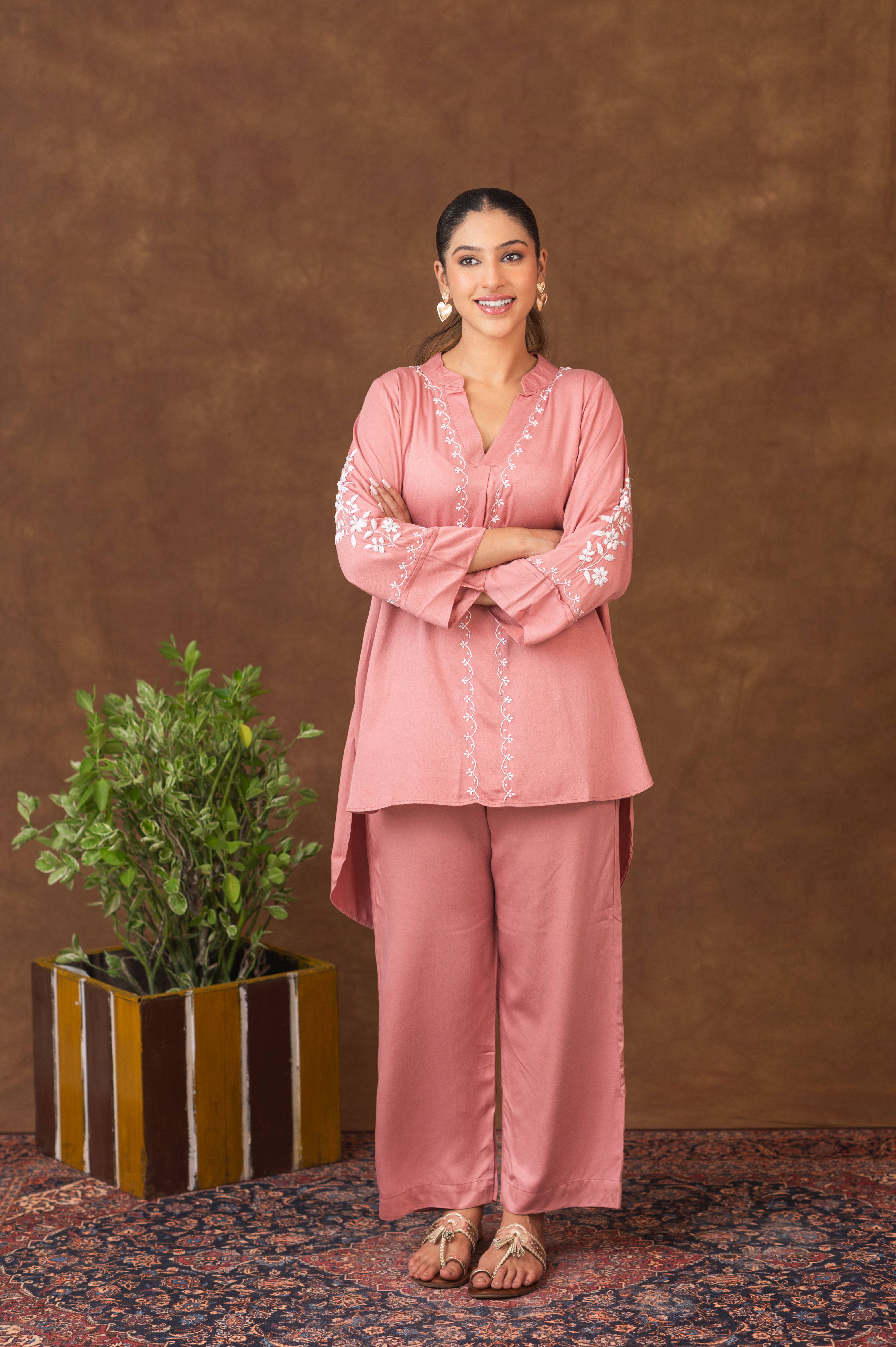 Jashn Premium Twilight Silk Chikankari Coord Set - Onion Pink Gharana