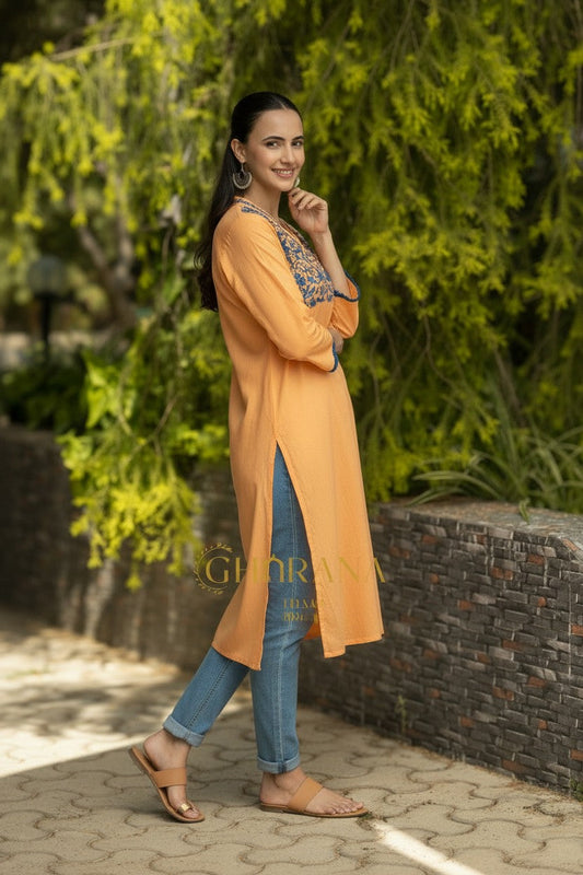 Ishq Mul Cotton Blush Orange fine chikankari Kurta in blue thread Gharana