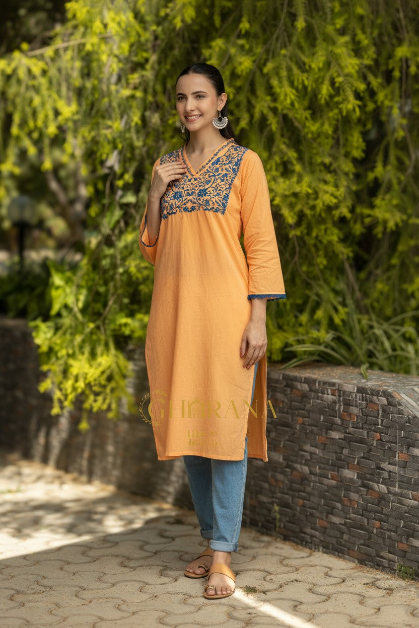 Ishq Mul Cotton Blush Orange fine chikankari Kurta in blue thread Gharana