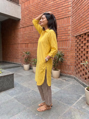 Aira Sunshine Yellow Cotton Poplin Kurta Set with Striped Pants