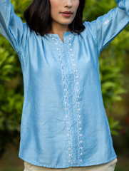 Sahiba Premium Chanderi Silk Bright Blue Chikankari Top