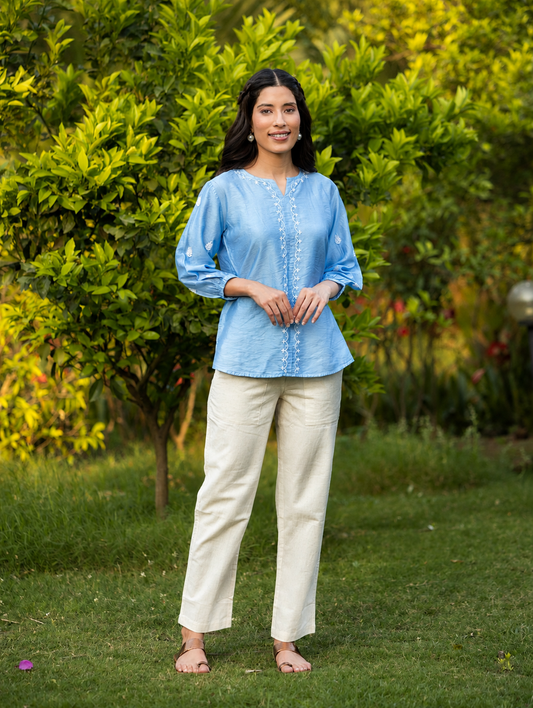 Sahiba Chanderi Silk Bright Blue Chikankari Top