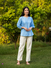 Sahiba Premium Chanderi Silk Bright Blue Chikankari Top