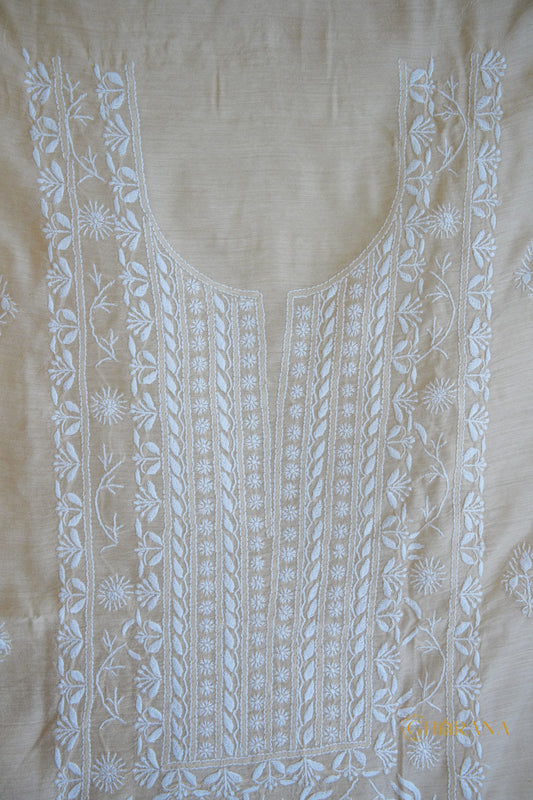 Pure Moonga Silk 2 PC Unstitched Kurta & Dupatta in intricate Chikankari-Natural Beige