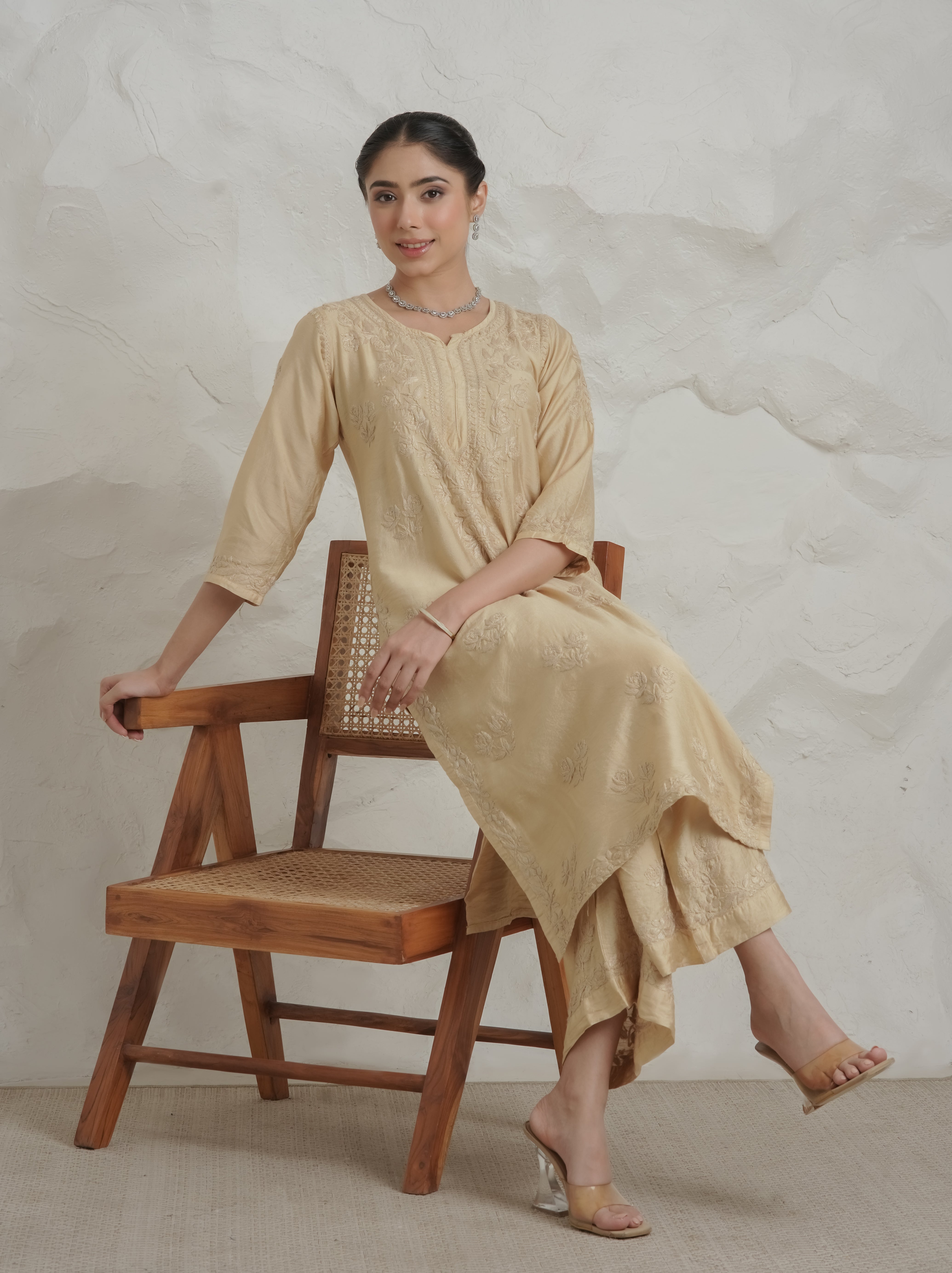 Ruhi Chanderi Chikankari Beige Kurta Set with Embroidered Palazzo Gharana