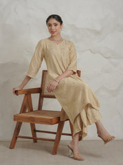 Ruhi Chanderi Chikankari Beige Kurta Set with Embroidered Palazzo Gharana