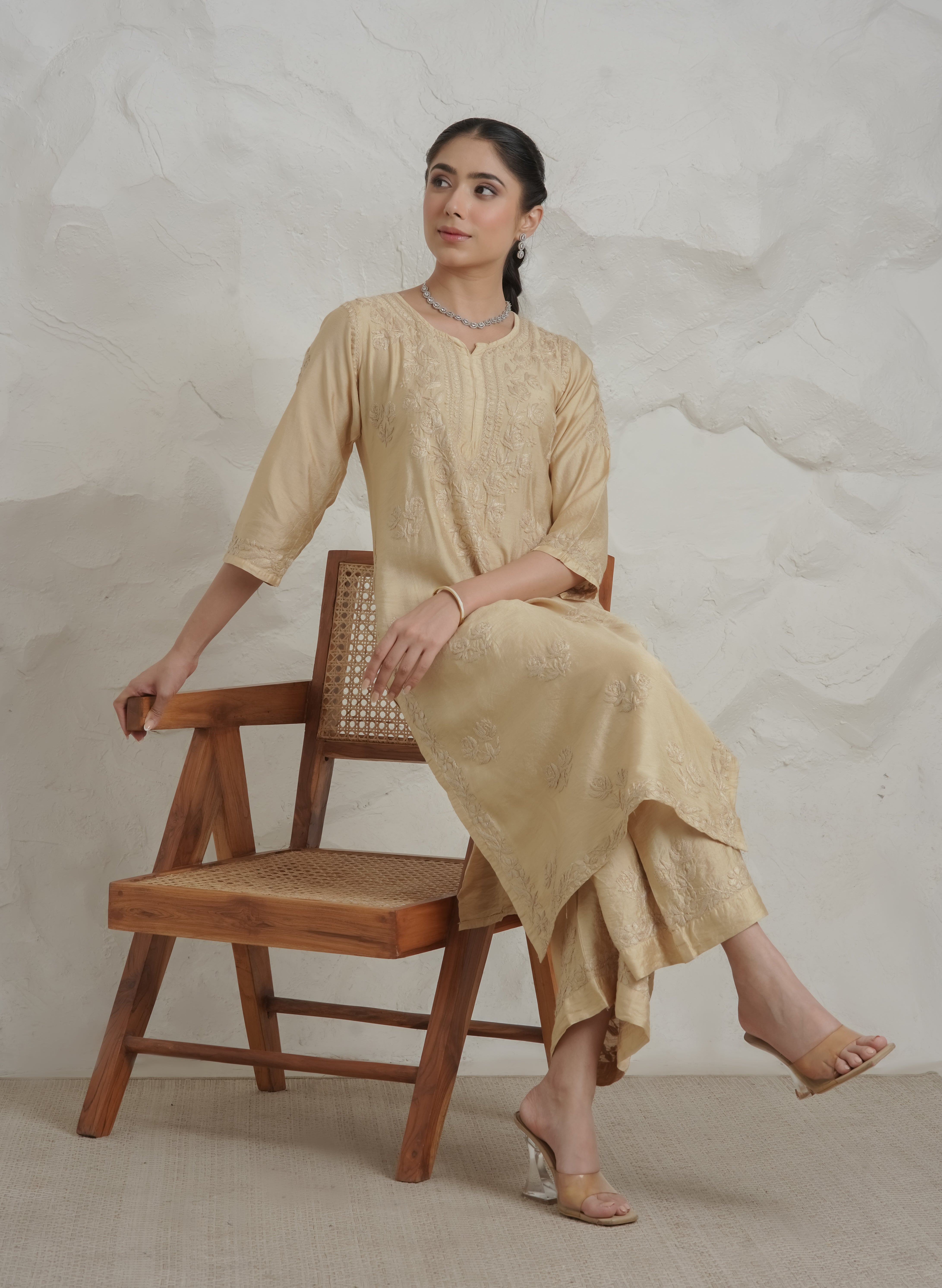 Ruhi Chanderi Chikankari Beige Kurta Set with Embroidered Palazzo Gharana