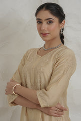 Ruhi Chanderi Chikankari Beige Kurta Set with Embroidered Palazzo Gharana