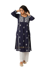 Lavanya Chikankari Cotton Naira cut Kurta - Royal Blue Gharana