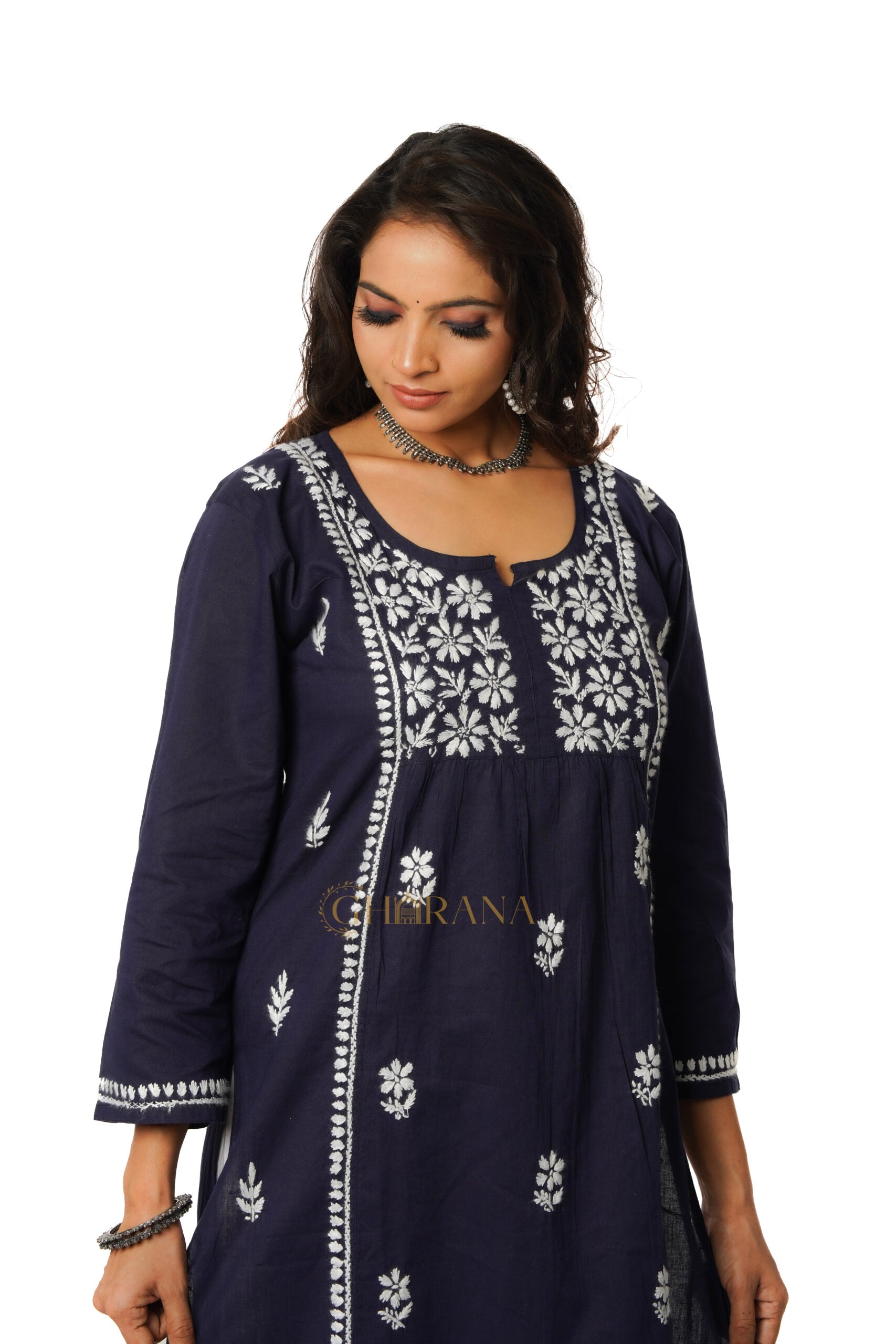 Lavanya Chikankari Cotton Naira cut Kurta - Royal Blue Gharana