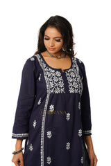 Lavanya Chikankari Cotton Naira cut Kurta - Royal Blue Gharana