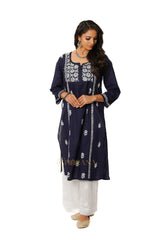 Lavanya Chikankari Cotton Naira cut Kurta - Royal Blue Gharana