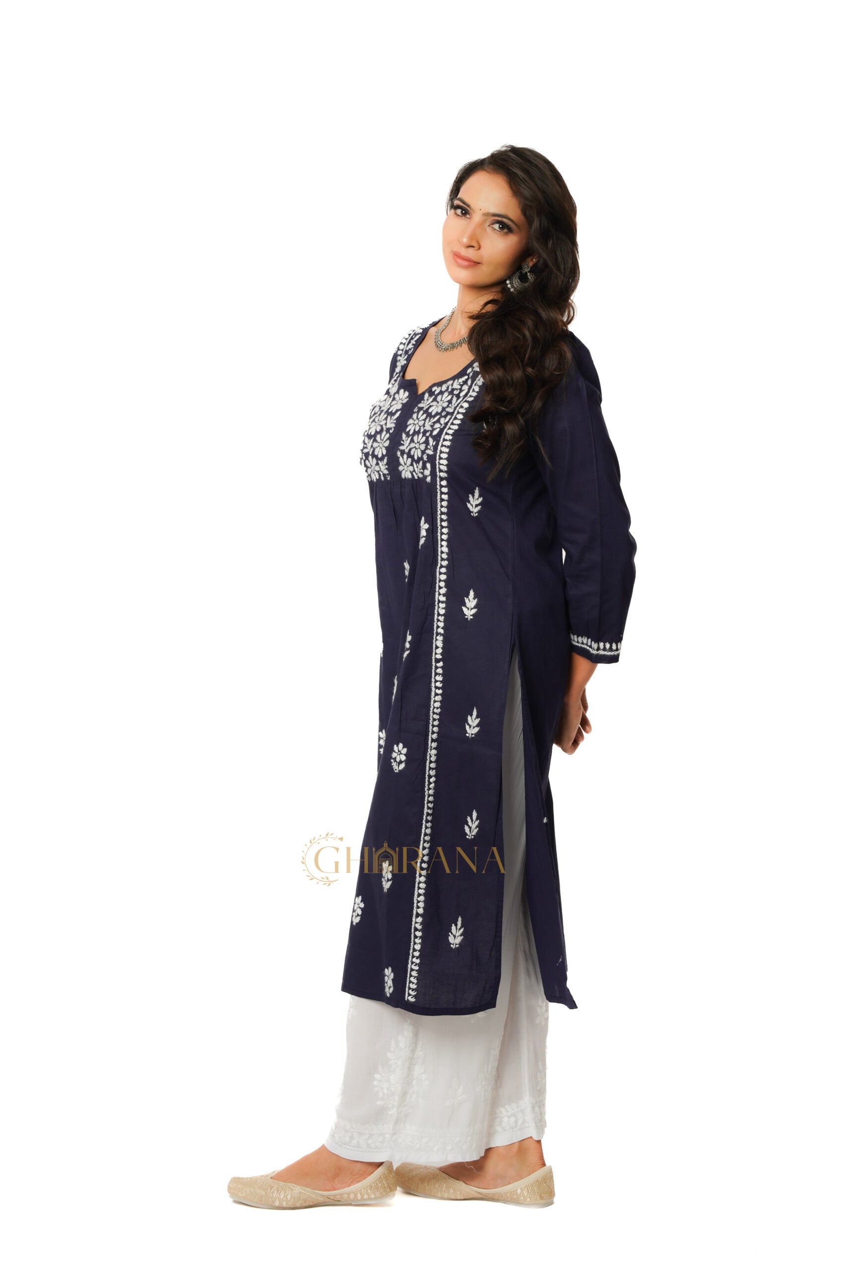 Lavanya Chikankari Cotton Naira cut Kurta - Royal Blue Gharana