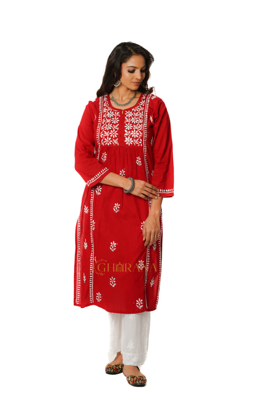 Lavanya Chikankari Cotton Naira cut Kurta - Red Gharana