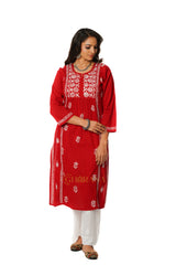 Lavanya Chikankari Cotton Naira cut Kurta - Red Gharana